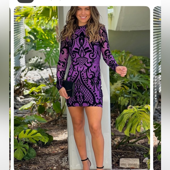 Purple and Black Artistic Long Sleeve Mini Dress NWT - Picture 3 of 7